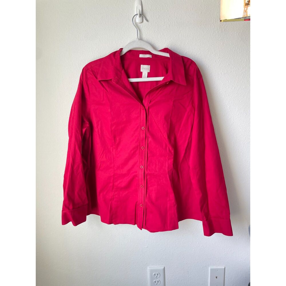 Office siren red blouse XL Chicos size 3 no iron cotton button top